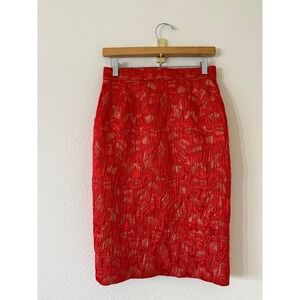 Vintage Louis Feraud Red Silk Wool Brocade Crinkle Textured Pencil Skirt 8 Y2K